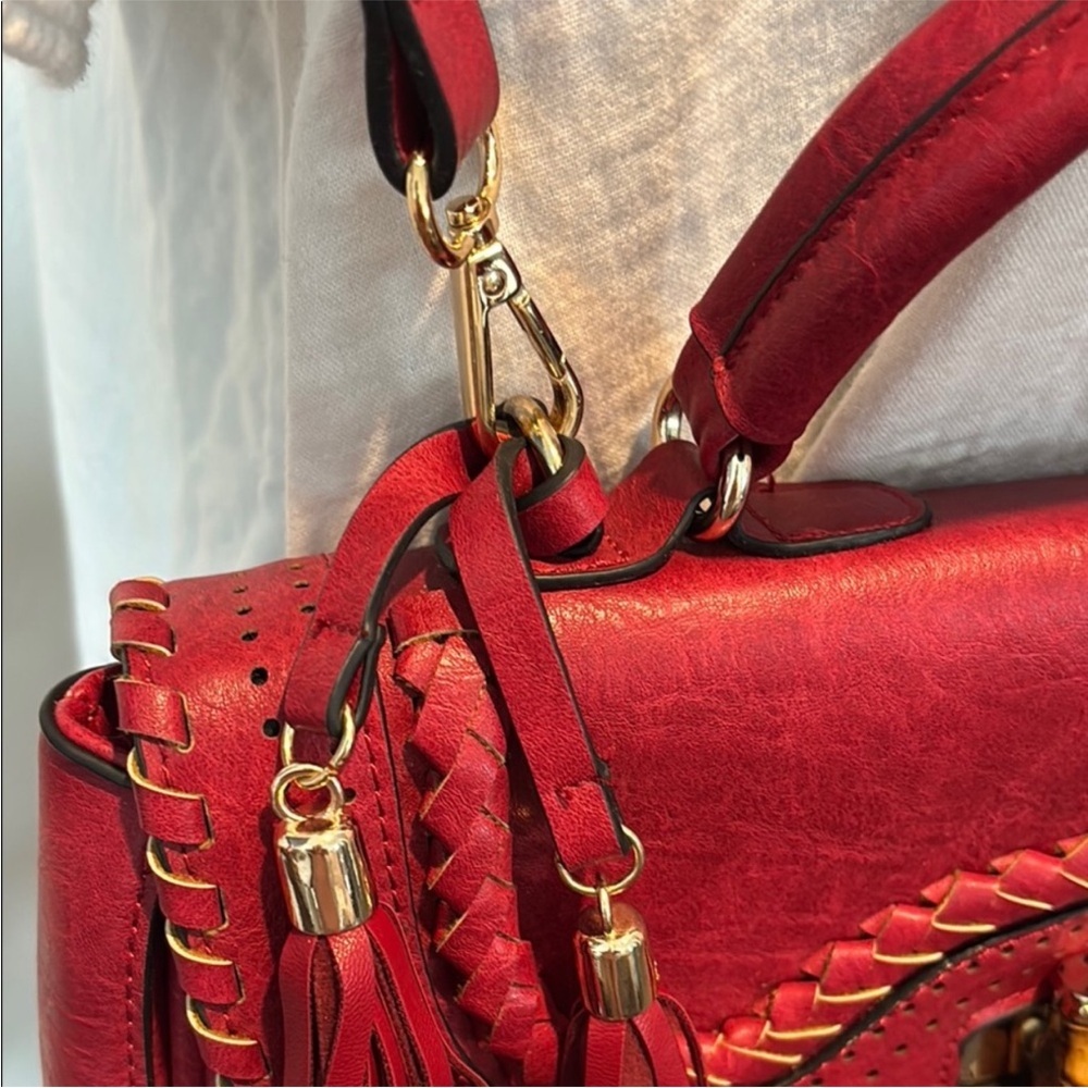 Elegant Red Vegan Leather Satchel with Tassels and Removable Shoulder Strap - Picture 6 of 9